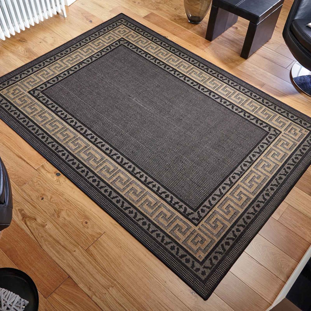 Greek Key Flatweave Anti Slip Rugs in Black